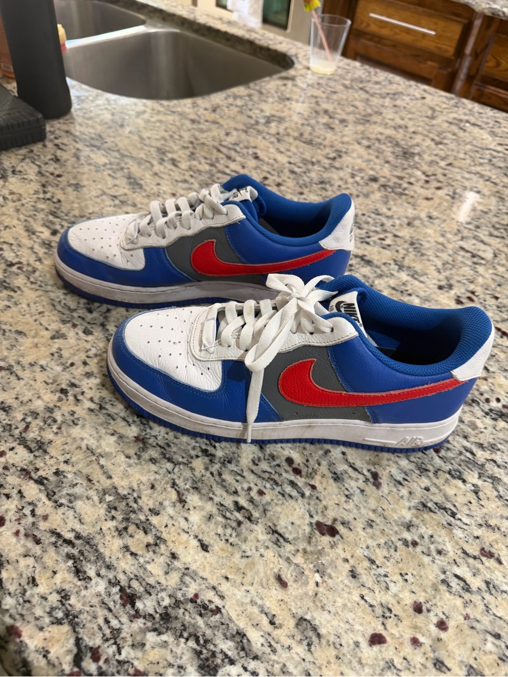 Mens Blue & White Sneakers with Red Swoosh